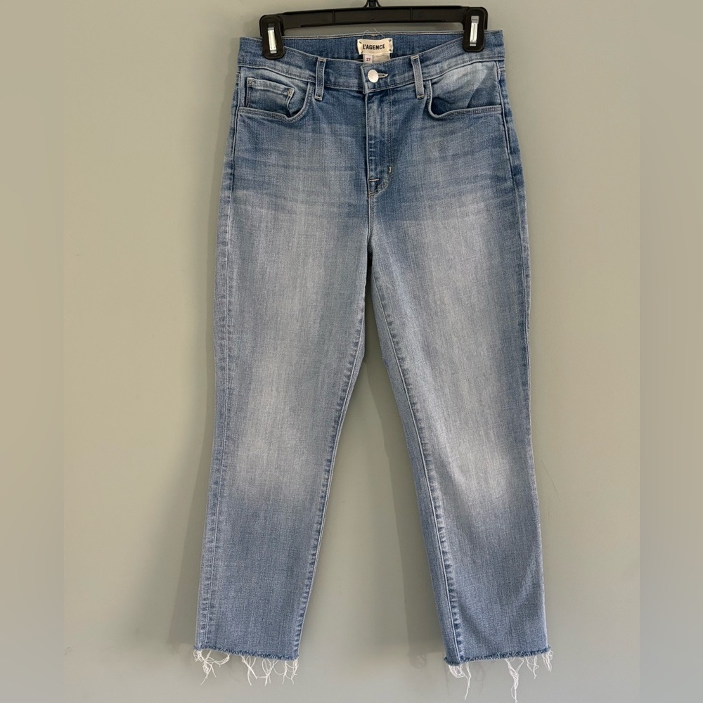 L’AGENCE Sada High Rise Cropped Slim Jeans Raw Hem Size 27 Light Wash - Picture 2 of 13